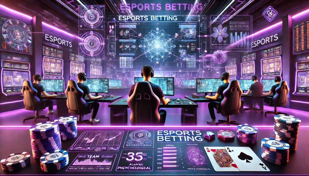 A futuristic esports betting scene with a strong purple-themed Spielothek atmosphere. The image features a high-tech esports arena with professional gamers focused on their screens, surrounded by digital betting interfaces and holographic charts displaying team statistics, player performance, and psychological insights. Neon purple lighting highlights the energy of the environment. In the background, Spielothek elements such as poker chips, playing cards, and Spielautomat machines subtly merge with esports visuals, symbolizing the fusion of competitive gaming and betting. The overall look is modern, vibrant, and high-tech, capturing the essence of esports betting.